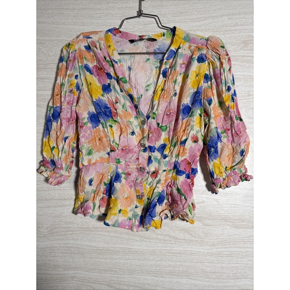 Women's Zara Floral Print Peplum Flowy Blouse With Rhinestone Buttons Sz Med